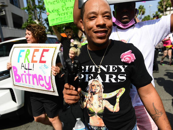 #FreeBritney activists rally at the Stanley Mosk Courthouse in Los Angeles during the Britney Spears conservatorship hearing Wednesday.