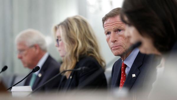 Sen. Richard Blumenthal, D-Conn., (second from right) looks on as Facebook's global head of safety, Antigone Davis, testifies remotely on Thursday at a Senate subcommittee hearing to examine protection of children online, focusing on Facebook, Instagram and mental health.