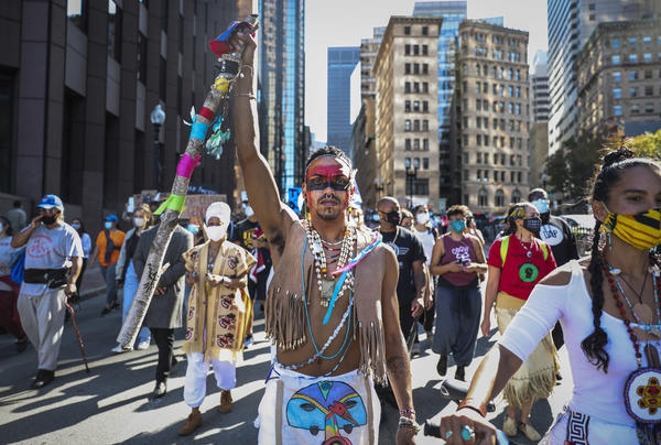 Protesters marched in an Indigenous Peoples Day rally in Boston on Oct. 10, 2020, as part of a demonstration to change Columbus Day to Indigenous Peoples' Day. Boston made that change last week.