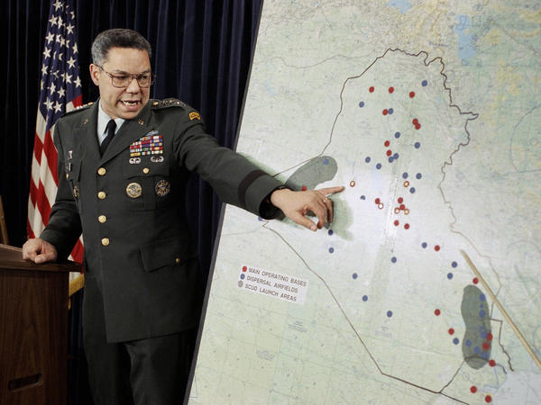 Chairman of the Joint Chiefs of Staff Colin Powell points to Iraqi airbases at a Pentagon briefing on Jan. 23, 1991. Powell became a household name during the first Gulf War.