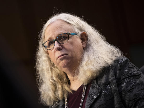 Dr. Rachel Levine testifies before the Senate Health, Education, Labor, and Pensions committee on Capitol Hill in Washington in February. Levine was appointed to lead the U.S. Public Health Service Commissioned Corps, becoming the nation's first openly transgender four-star officer.