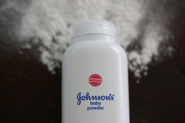 In this photo illustration, a container of Johnson's baby powder sits on a table in 2019.