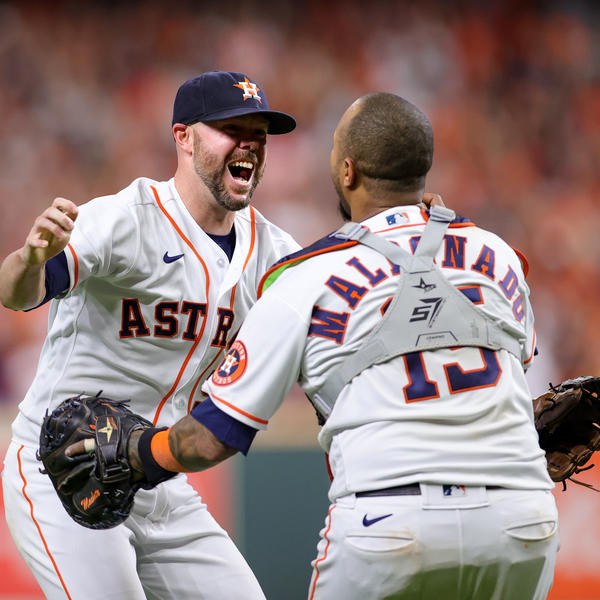 Ryan Pressly of the Houston Astros celebrates with Martin Maldonado after the final out in the ninth inning, defeating the Boston Red Sox 5-0 on Friday  and advancing to the World Series.