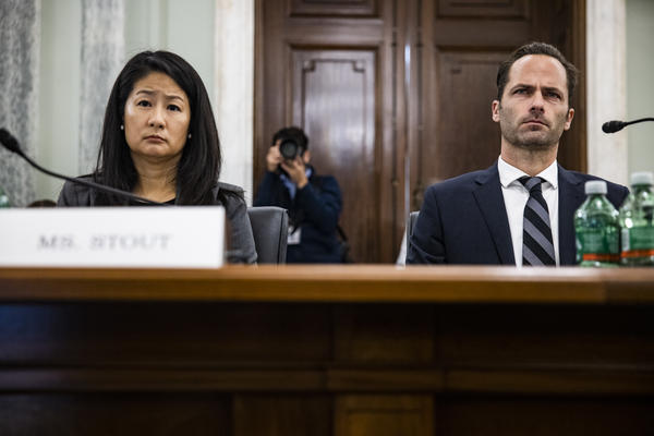 Jennifer Stout , left, vice president of global public policy at Snapchat parent Snap Inc., and Michael Beckerman, vice president and head of public policy at TikTok, testify before a Senate panel on Tuesday.