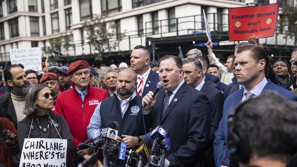 Uniformed Firefighters Association President Andrew Ansbro speaks during a protest outside the Gracie Mansion against the coming COVID-19 vaccine mandate for city workers on Thursday in New York.