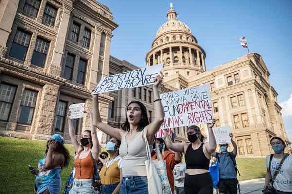 Abortion-rights supporters march outside the Texas Capitol in Austin on Sept. 1.