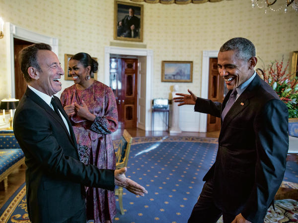 Bruce Springsteen, Michelle Obama and Barack Obama in the Blue Room before the Presidential Medal of Freedom ceremony on Nov. 22, 2016. It's one of many photos featured in the <em>Renegades</em> book.