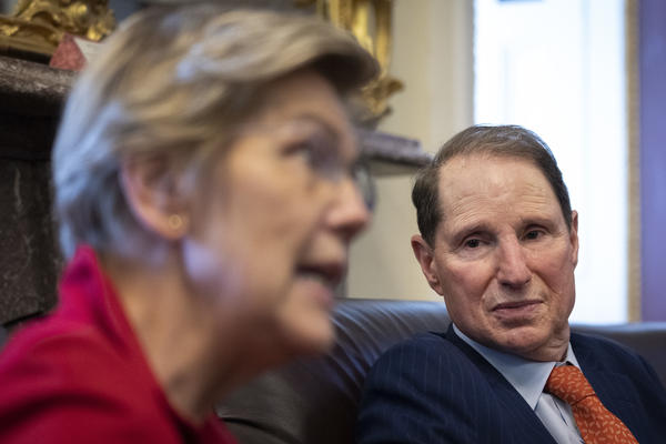 Sens. Elizabeth Warren, D-Mass., and Ron Wyden, D-Ore., speak to reporters Tuesday about a corporate minimum tax plan. On Wednesday Wyden unveiled another tax proposal, this one aimed at billionaires.