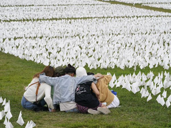 In September, visitors sit amid white flags that were part of artist Suzanne Brennan Firstenberg's "In America: Remember," a temporary art installation that commemorated Americans who have died of COVID-19, on the National Mall in Washington, D.C.