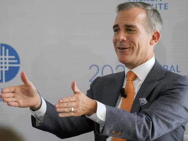 Eric Garcetti, mayor of Los Angeles, attends a panel discussion during the Milken Institute Global Conference in Beverly Hills in October. Garcetti recently tested positive for COVID-19 while attending the U.N. climate summit, COP26.