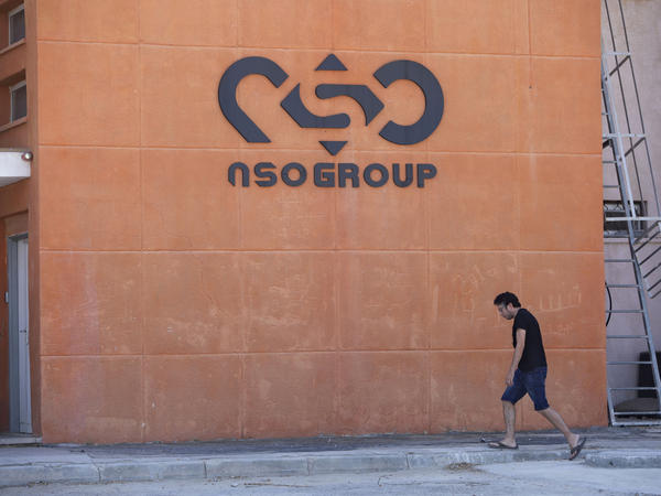 A logo adorns a wall on a branch of the Israeli NSO Group company, near the southern Israeli town of Sapir. The cellphones of six Palestinian human rights activists were infected with spyware from the notorious Israeli hacker-for-hire company as early as July 2020. It was the first time the military-grade Pegasus spyware was known to have been used against Palestinian civil society activists.