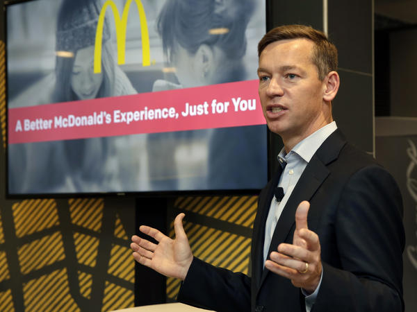 In this Nov. 17, 2016 photo, Chris Kempczinski, then-incoming president of McDonald's USA, speaks at a McDonald's restaurant in New York's Tribeca neighborhood. Kempczinski is under fire for comments he made in a text message to the Chicago mayor.