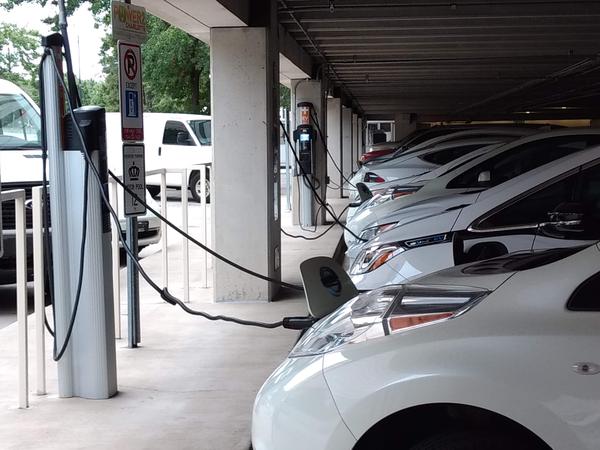 Electric vehicle charging stations at the city-county parking deck in Charlotte. 