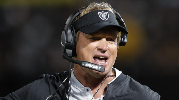 Jon Gruden, pictured in 2018, is suing the NFL and Commissioner Roger Goodell.