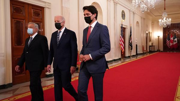 President Biden is joined by Canadian Prime Minister Justin Trudeau (right) and Mexican President Andrés Manuel López Obrador for the North American Leaders' Summit at the White House on Thursday.