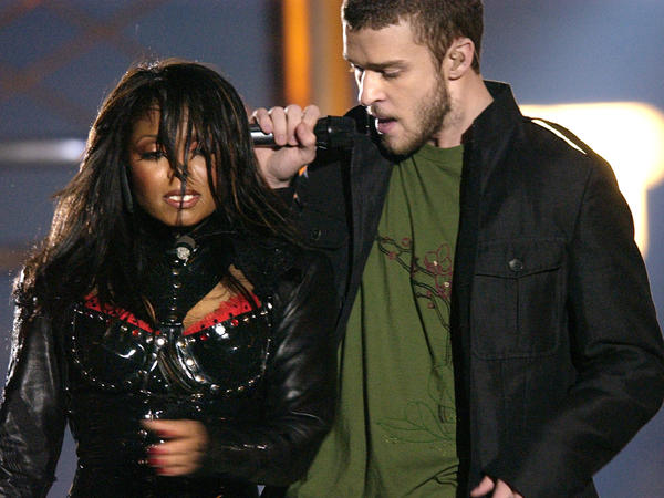 Justin Timberlake and Janet Jackson during their performance at the Super Bowl halftime show in 2004.
