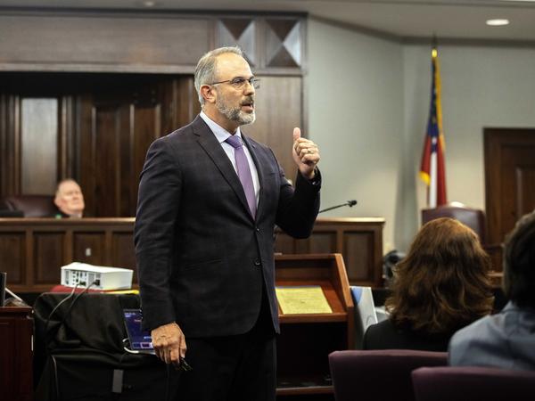 Defense attorney Jason B. Sheffield presents a closing argument to the jury during the trial of Travis McMichael, his father, Gregory McMichael, and William "Roddie" Bryan, at the Glynn County Courthouse, on Monday, in Brunswick, Ga.