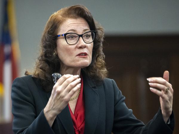 Prosecutor Linda Dunikoski presents a closing argument to the jury during the trial of Travis McMichael, Gregory McMichael and William "Roddie" Bryan on Monday at the Glynn County Courthouse in Brunswick, Georgia. The three men are charged in the February 2020 killing of Ahmaud Arbery.