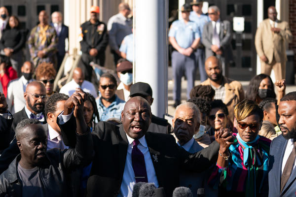 From left to right: Marcus Arbery, father of Ahmaud Arbery; attorney Ben Crump; Rev. Al Sharpton; Wanda Cooper-Jones, mother of Ahmaud Arbery; and attorney Lee Merritt address the media following guilty verdicts for the defendants in the trial of the killers of Ahmaud Arbery on Wednesday in Brunswick, Ga.