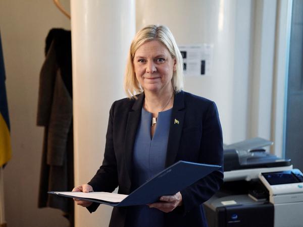 Social Democratic Party leader Magdalena Andersson poses during a news conference after being appointed as Sweden's first female prime minister at the Swedish parliament in Stockholm on Wednesday. She resigned hours later but was reelected on Monday.