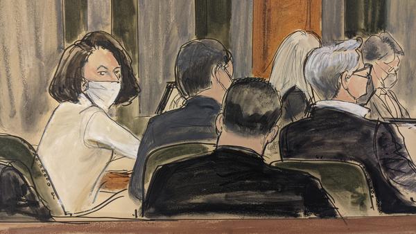 Ghislaine Maxwell sits at the defense table during the final stages of jury selection on Monday in New York City in this courtroom sketch. Opening statements in her trial on sex-trafficking charges began Monday.
