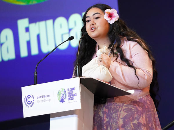 Brianna Fruean, a Samoan member of the Pacific Climate Warriors, speaks at the COP26 climate summit in Glasgow, Scotland, on Tuesday.