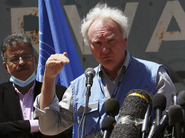 Matthias Schmale, serving as director of operations in Gaza for UNRWA, speaks during a news conference in front of the agency's headquarters in Gaza City, in May.