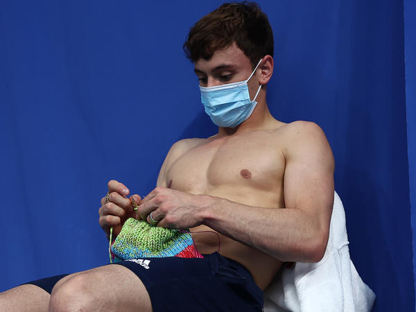 Tom Daley said his work on knitting projects helped him stay calm between events at the Tokyo Olympics, where he won a gold medal. He recently launched an online store, selling knitting kits.