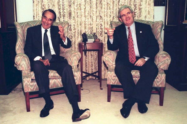 Newt Gingrich, the incoming speaker of the House, meets with Dole, then Senate majority leader, on Capitol Hill on Jan. 3, 1995. The 104th Congress had a Republican majority in both chambers for the first time since 1954.