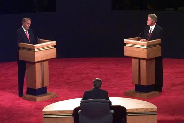 Dole and President Bill Clinton face off at their first presidential debates at the Bushnell Theater in Hartford, Conn., on Oct. 6, 1996.
