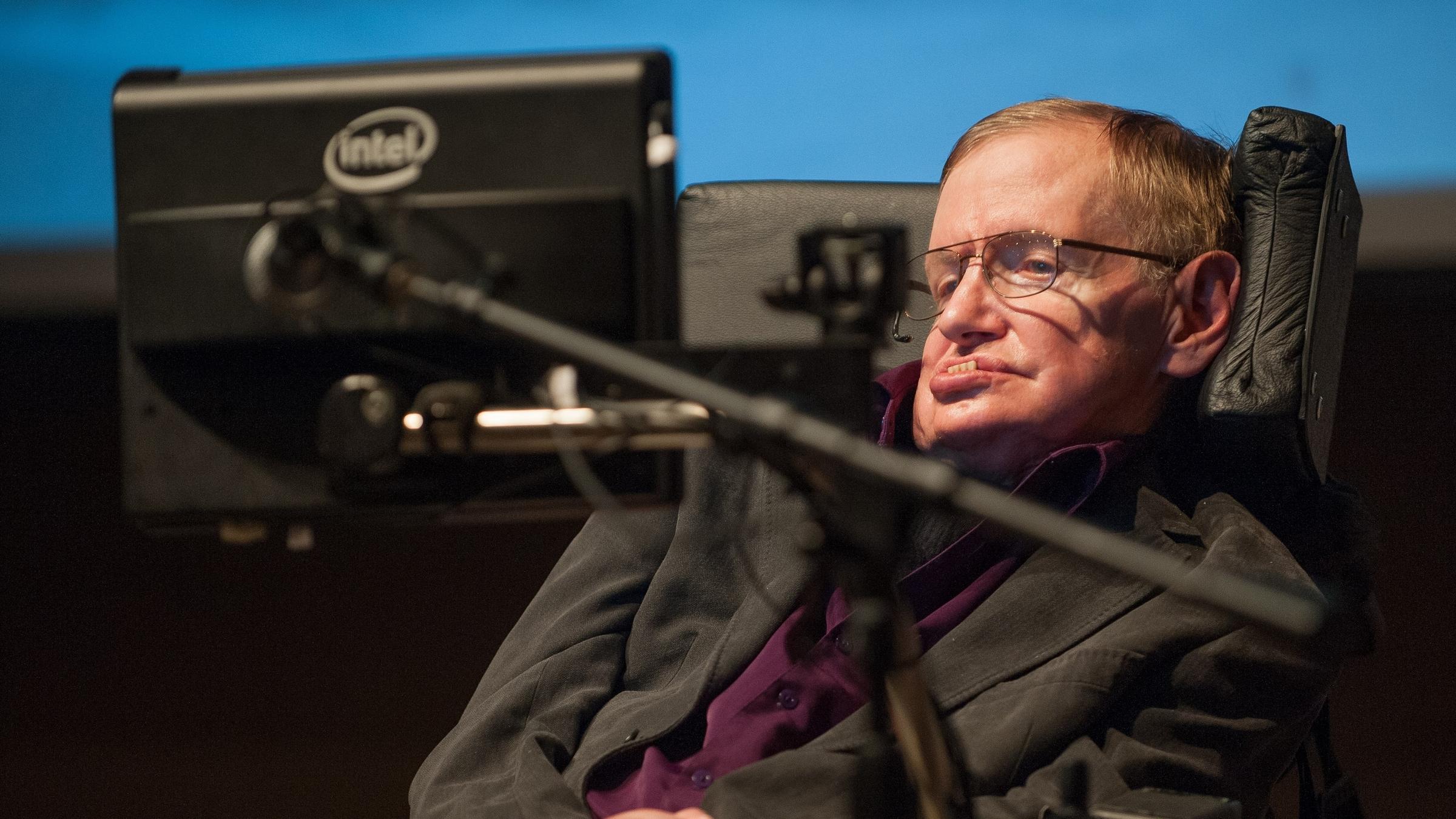 british cosmologist stephen hawking gives a talk to workers at