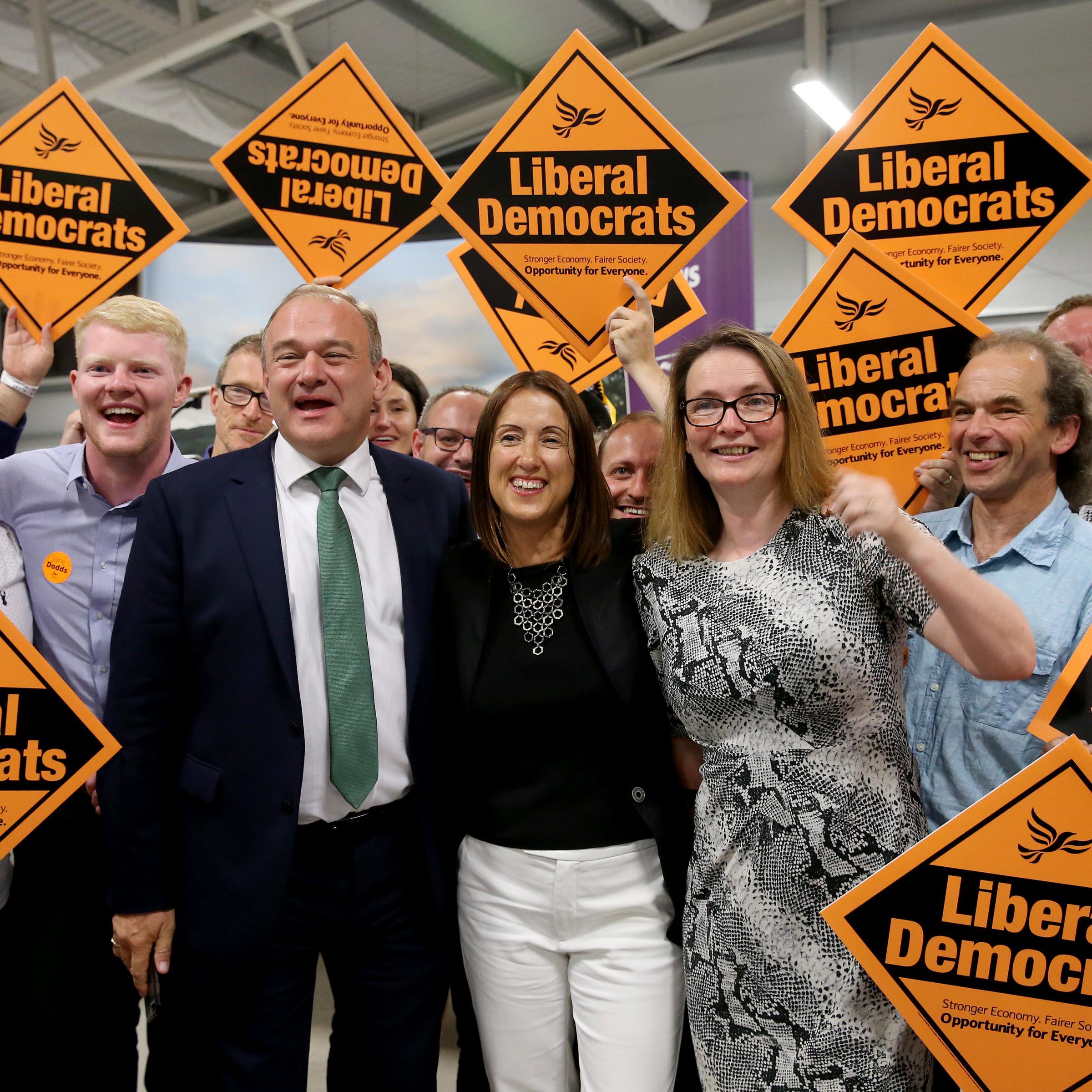 liberal democrat candidate jane dodds(center celebrates her