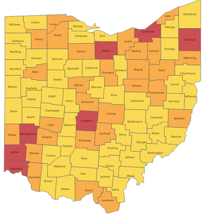 Map Of Ohio Showing Counties Franklin County Most At Risk In New State Coronavirus Map | WCBE 