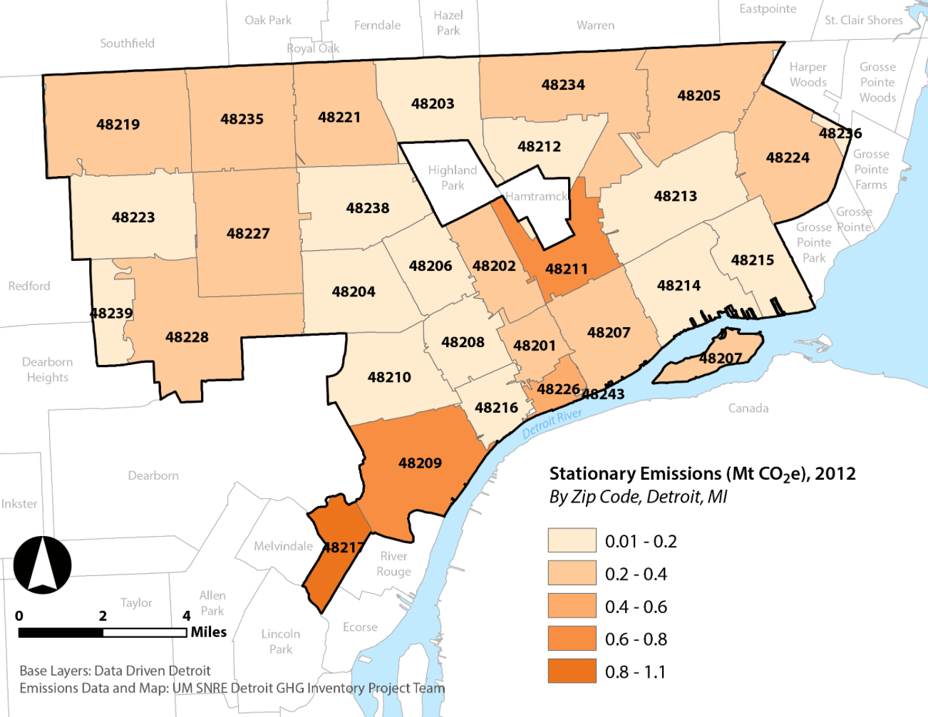 detroit mi zip code map U M Grad Students Chart Detroit S Greenhouse Gas Emissions Wemu detroit mi zip code map