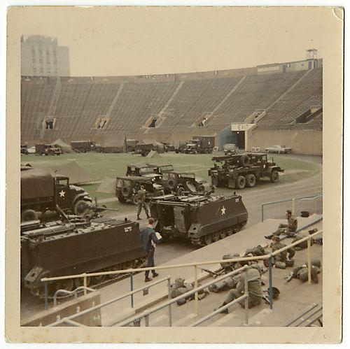 Pitt Stadium showing the National Guard staging for action during the riots that took place after the assassination of Dr. Martin Luther King Jr. (Archives of Industrial Society Photograph Collection/University of Pittsburgh)