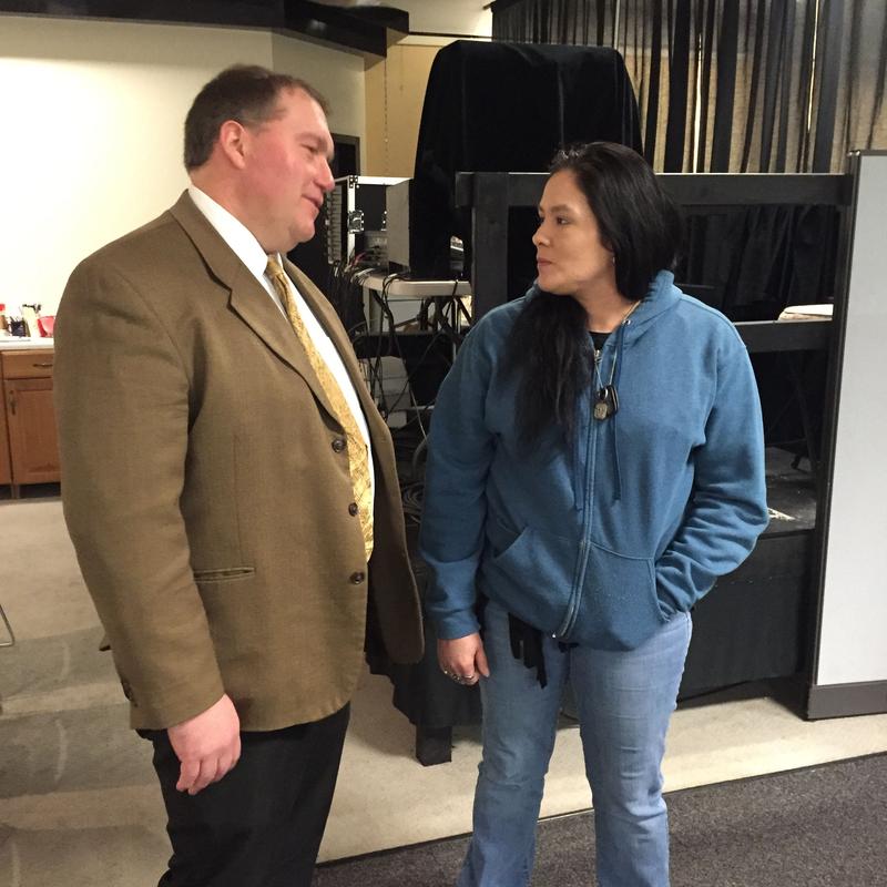 Former opioid and heroin addict Melissa Ives thanks Michael Batstone, an investigator with the Oswego County Drug Task Force, for helping her on the road to recovery. Ives said Batstone had arrested her on multiple occasions for drug possession.