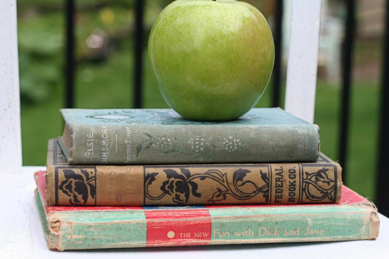 photo of an apple on top of books