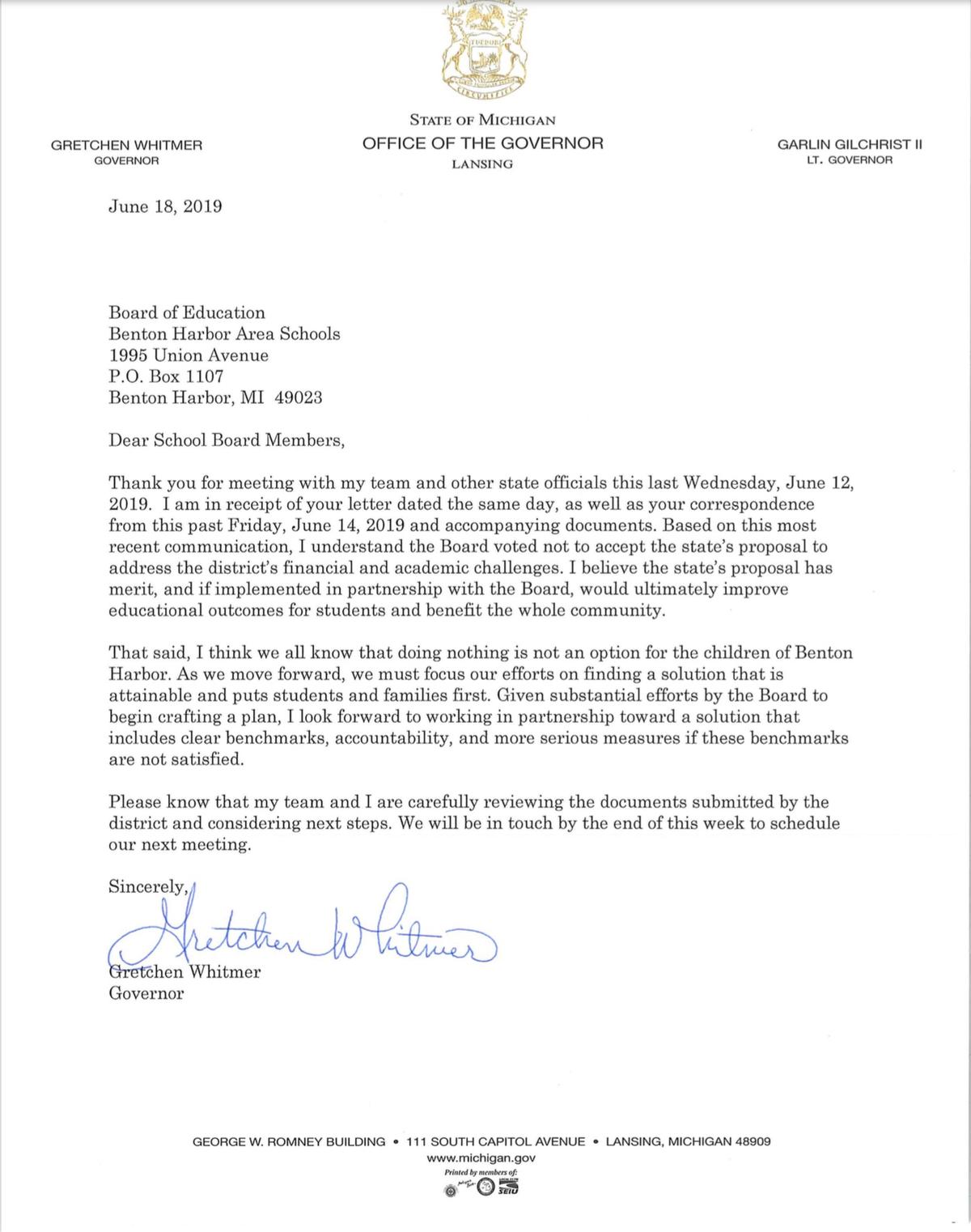 Michigan Governor Sends Letter To Benton Harbor School Leaders | WVPE